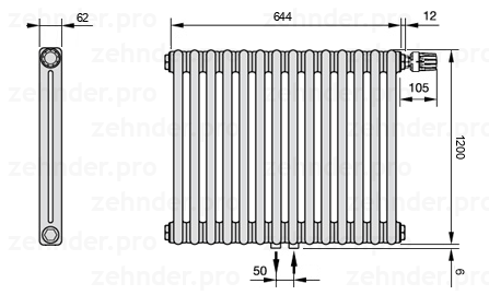 Схема (чертеж) Радиатор Zehnder Charleston 2120/14 №V008 Белый глянцевый RAL 9016